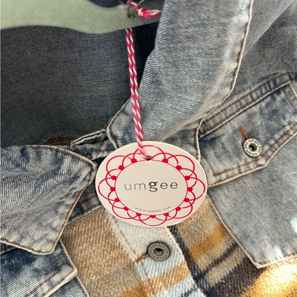 Umgee Women’s Size Small Brown Tan Light Blue Off White Plaid Denim Jean Jacket - Picture 4 of 7